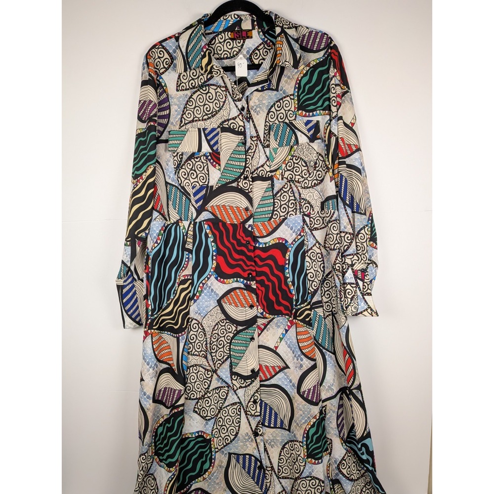 NWOT Isle by Melis Kozan Geometric Multicolor Dress L Boho Buttons and Pockets